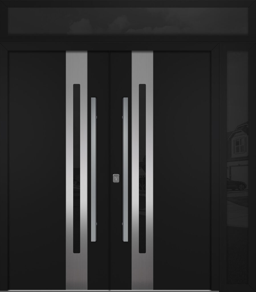 Nova Inox S2 Black Modern Exterior Double Door w Right Sidelight & Transom Right-in