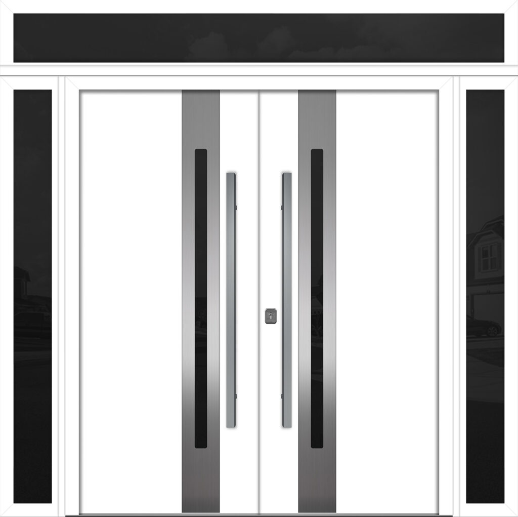 Nova Inox S2 White Modern Exterior Double Door w Double Sidelight & Transom Right-in